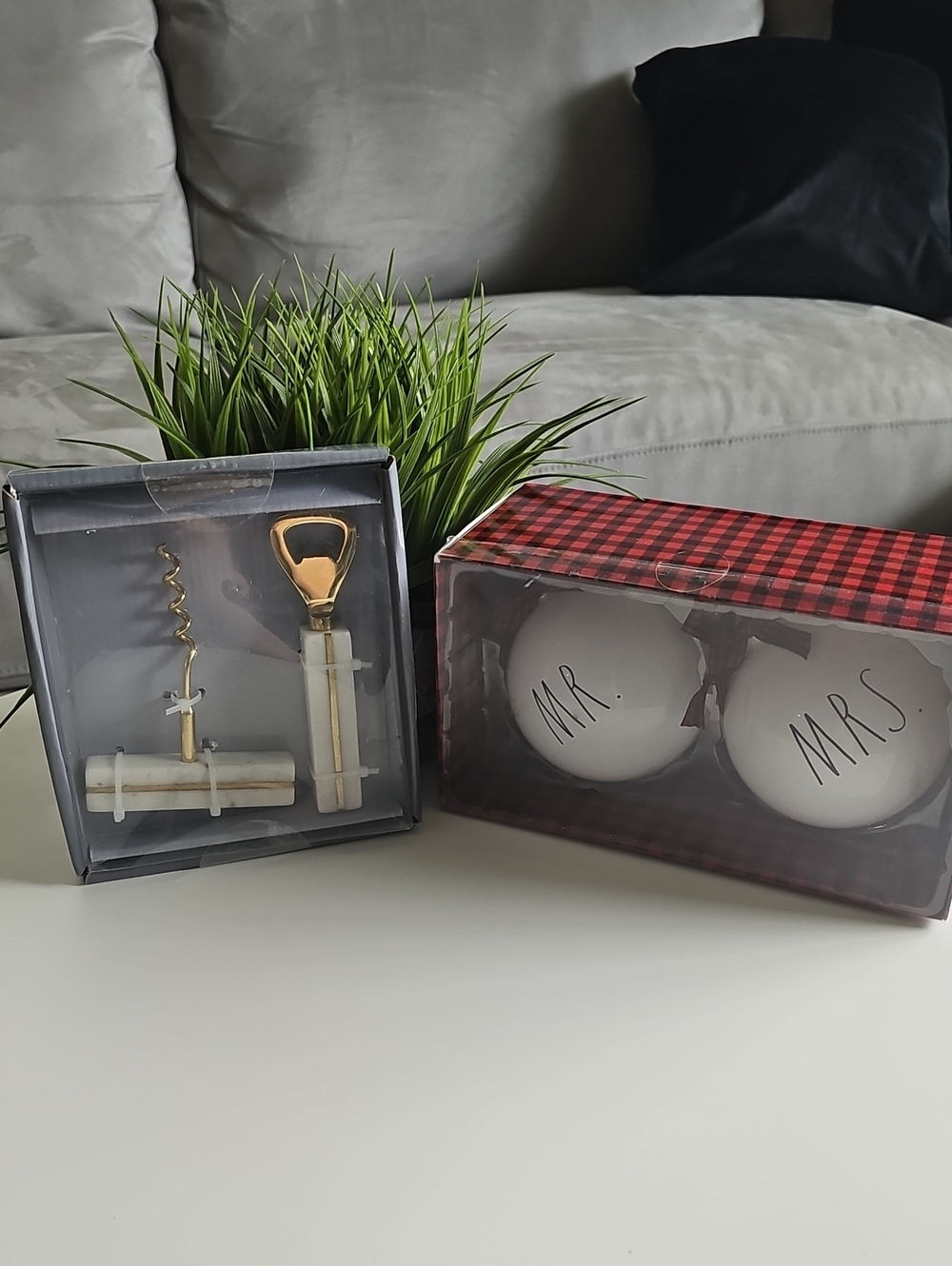 Marble & Gold Wine Accessory Set with Mr. & Mrs. Ornament Ball Pair